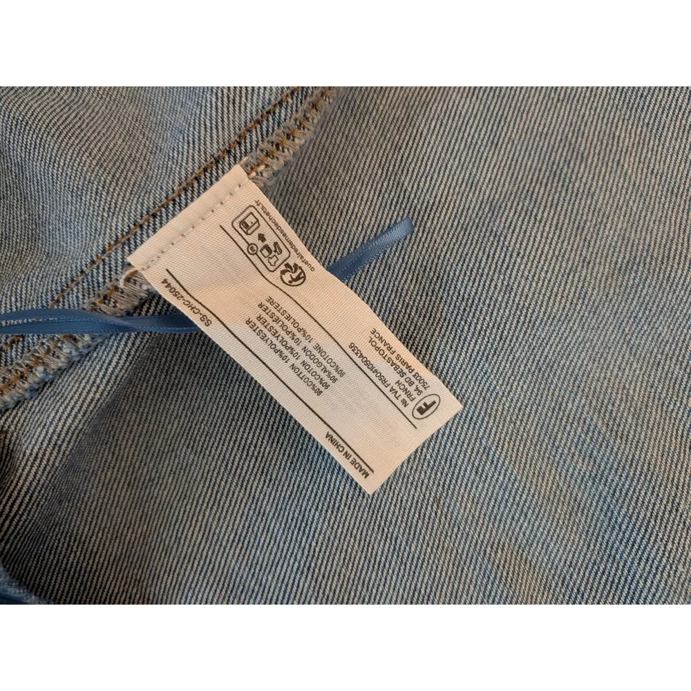 FRNCH Paris Denim Wrap Skirt Size S Frayed Hem Blue Cotton Blend Tie Waist